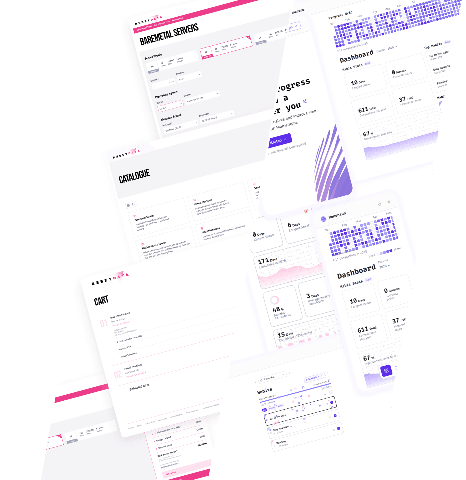 Various UI/UX and website designs arranged together aesthetically