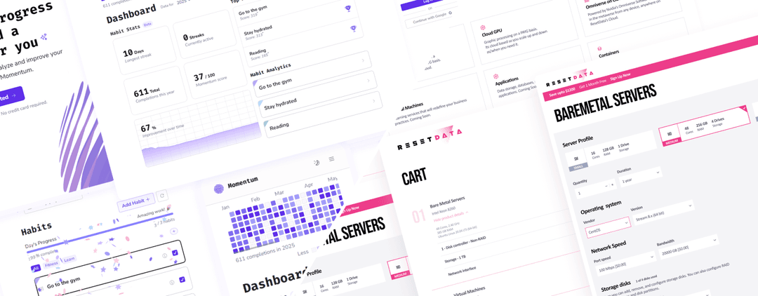 Various UI/UX and website designs arranged together aesthetically